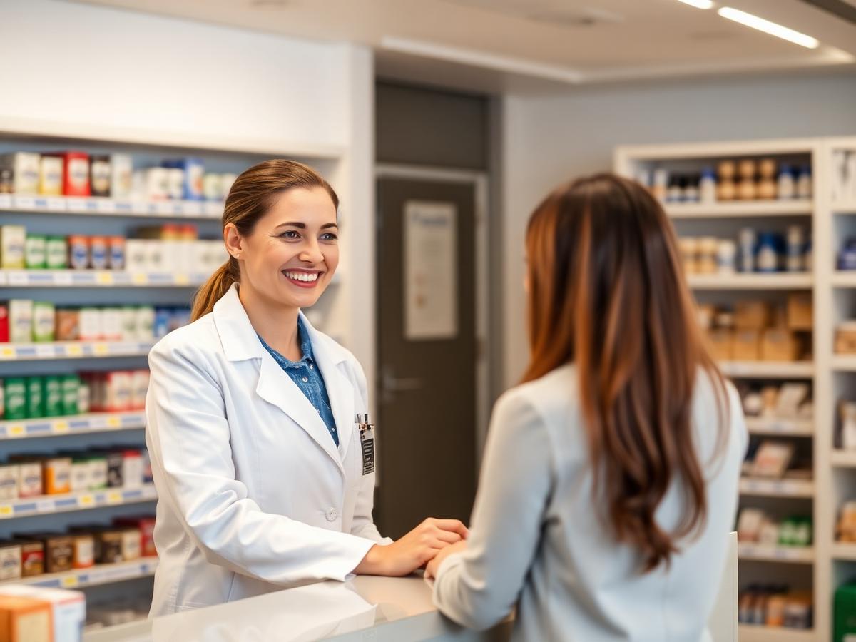 Farmacêutica atendendo cliente